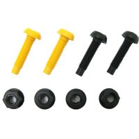 Motorcycle Fixing Kit Advertised on https://www.jdmplates.co.uk. This image is showing the items you will receive when purchasing; 2x yellow & black screws with 4x retaining nuts.