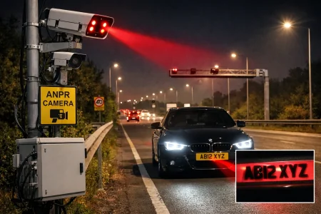 ANPR camera using infrared light to read 4D number plates on UK road