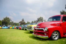 Classic cars on display at a vintage car show | JDM Plates | 30th August 2025 Line of polished classic cars on display at a vintage car show