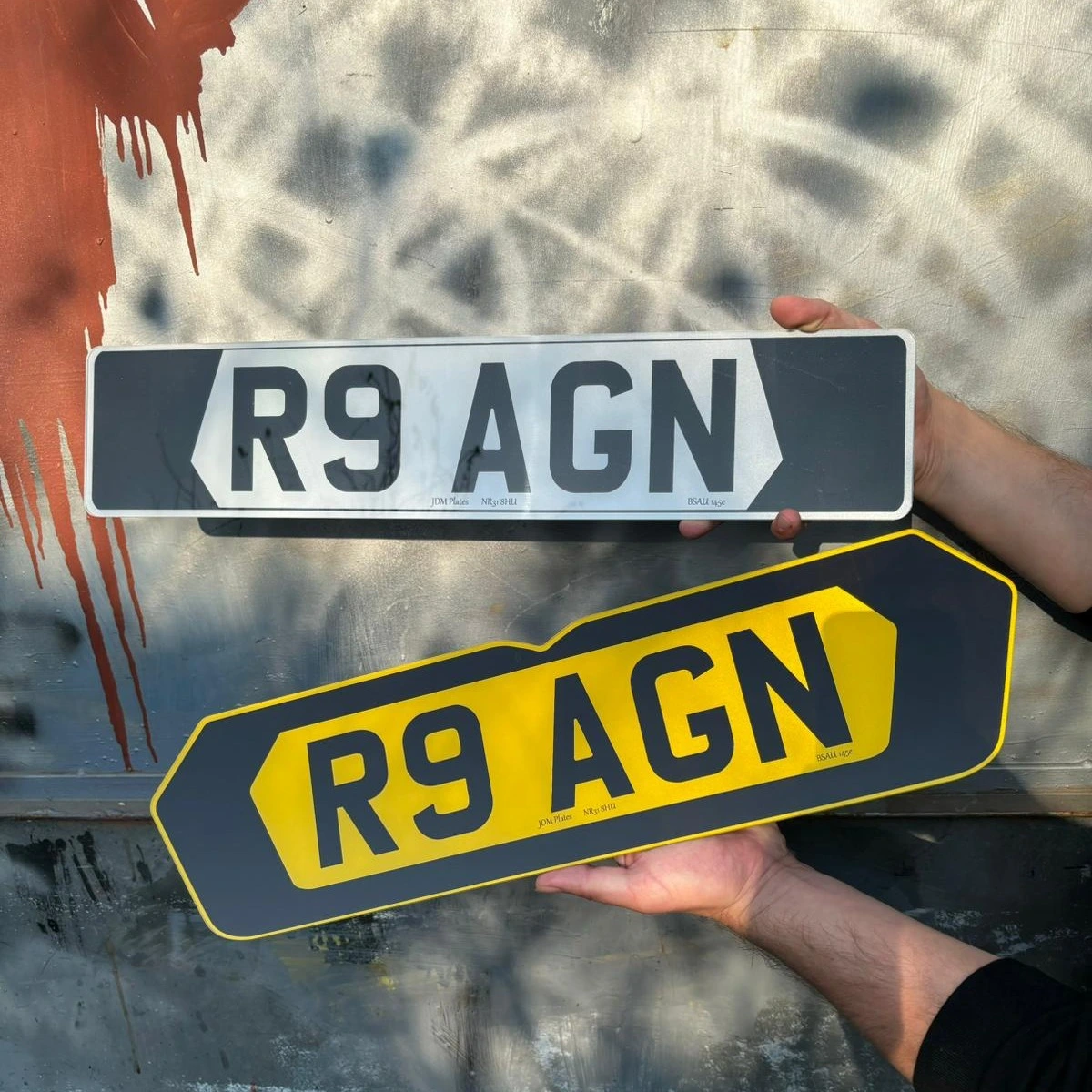 Customer holding a pair of custom number plates ready for installation on their vehicle