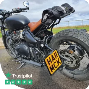Small motorcycle number plate of a customers pride and joy