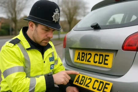 Police officer checking UK car custom number plate for legality