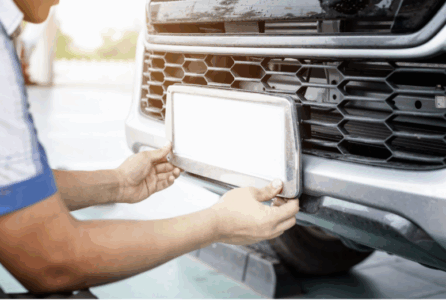 Mechanic aligning and installing a new white front number plate on a silver vehicle