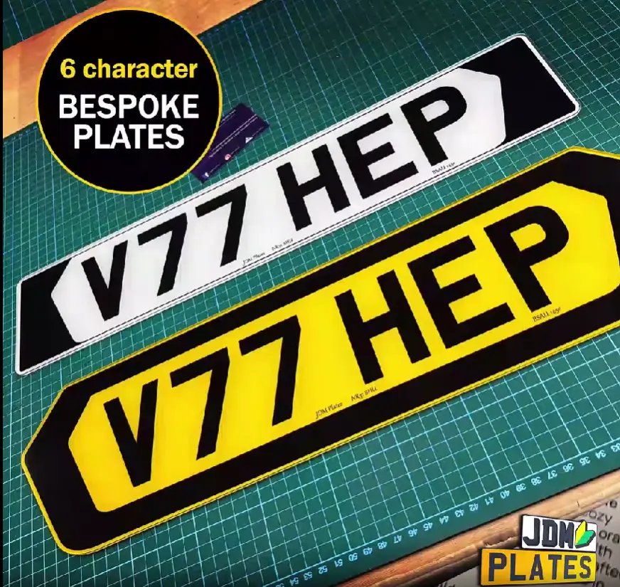 Close-up of a road-legal hex number plate fitted to a performance car