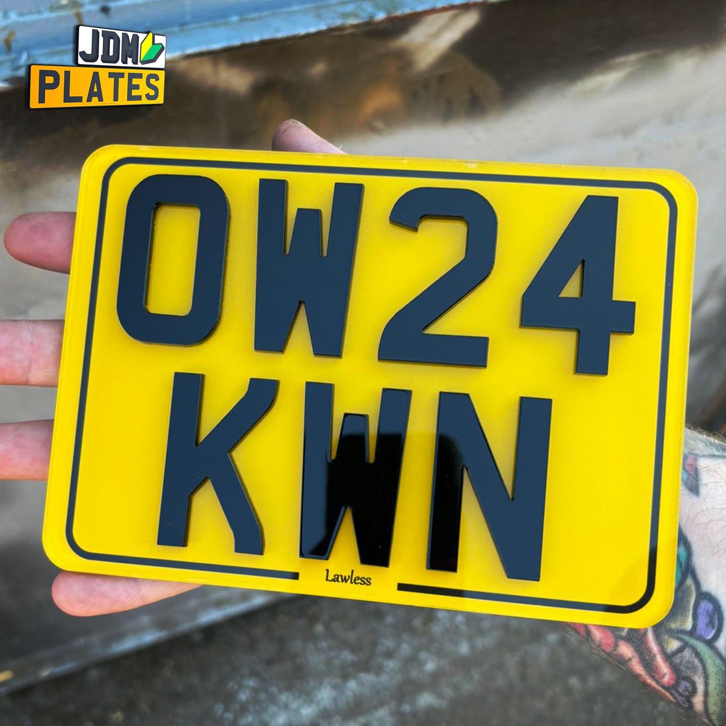 Custom show plate with unique font and background from JDM Plates