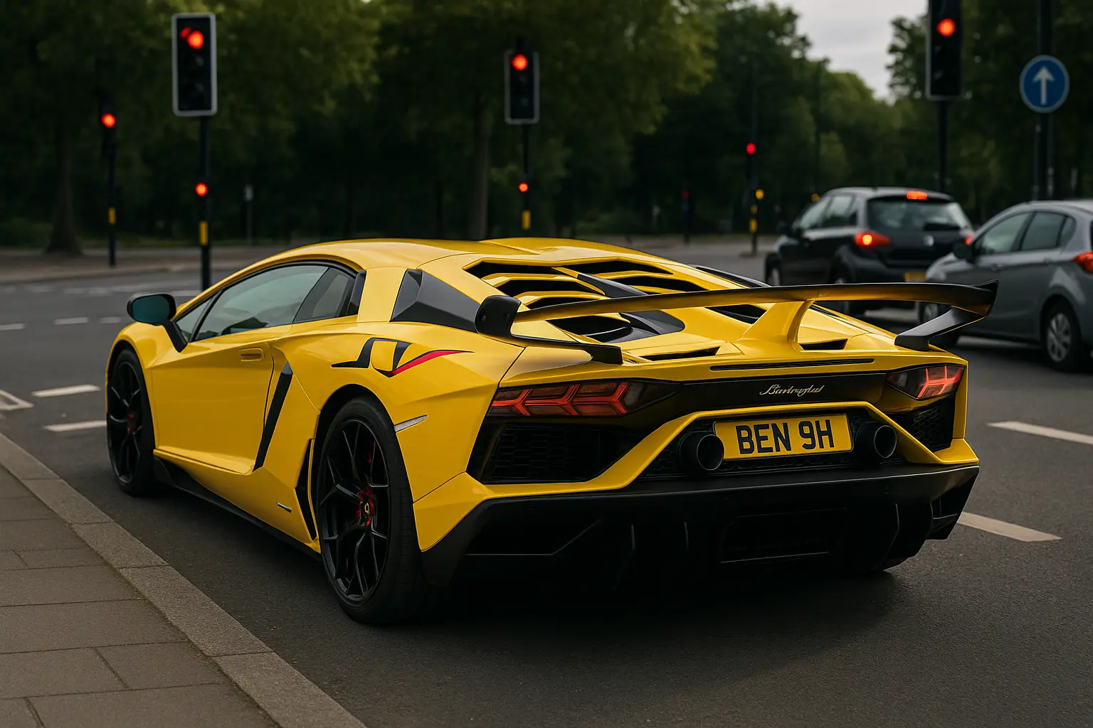 UK custom number plates on sports car at traffic lights