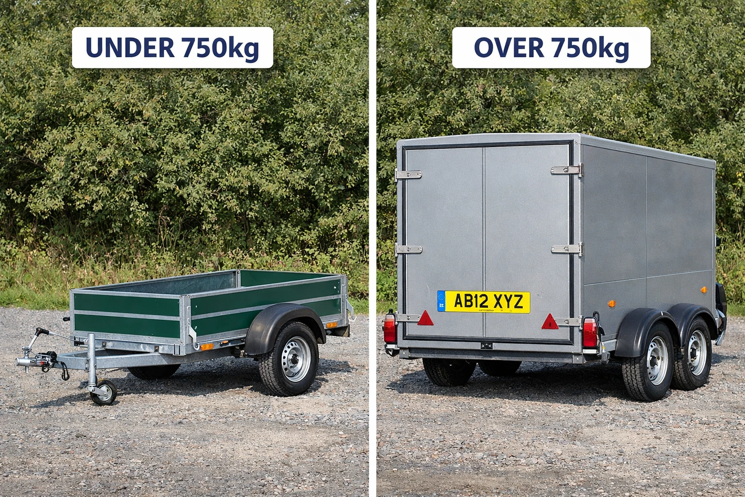 Visual comparison of UK trailers under and over 750kg weight limit requiring unique trailer number plates