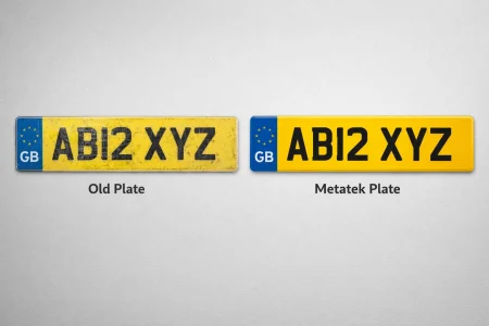 damaged UK number plate compared to new Metatek replacement plate