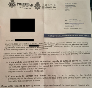 non-endorsable £100 fine for 4D number plates.