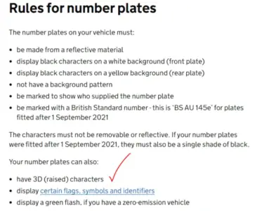 rules for raised number plate lettering