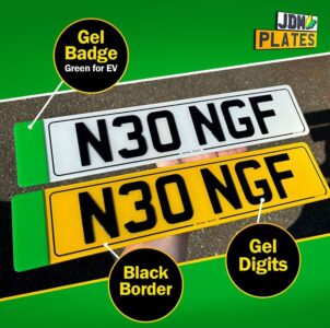 EV number plates with green badge, black gel digits, and black border by JDM Plates.